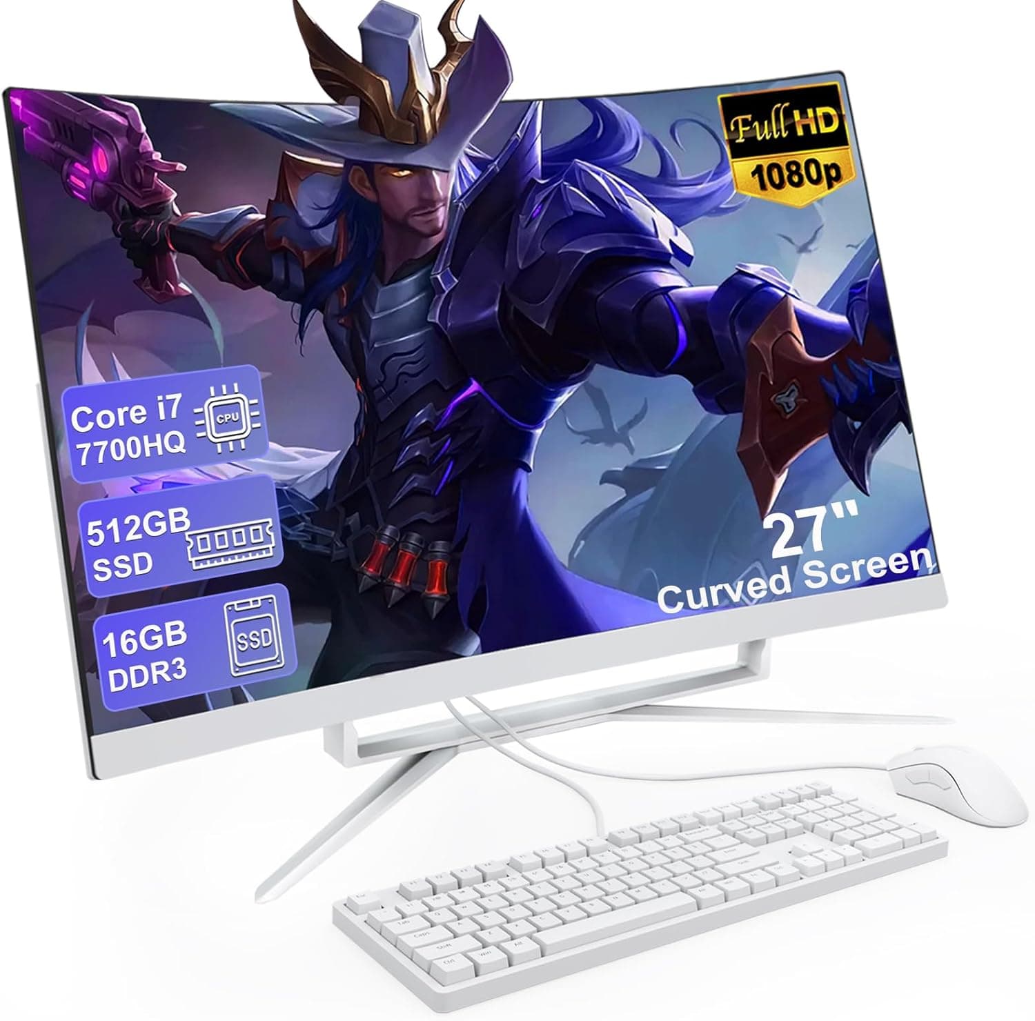 27 inch All in One Desktop Computer Curved FHD Display Core i7 7700HQ All in One PC 16GB DDR3 512GB ROM SSD Bluetooth 5.3 Dual Band WiFi with Mouse and Wired Keyboard